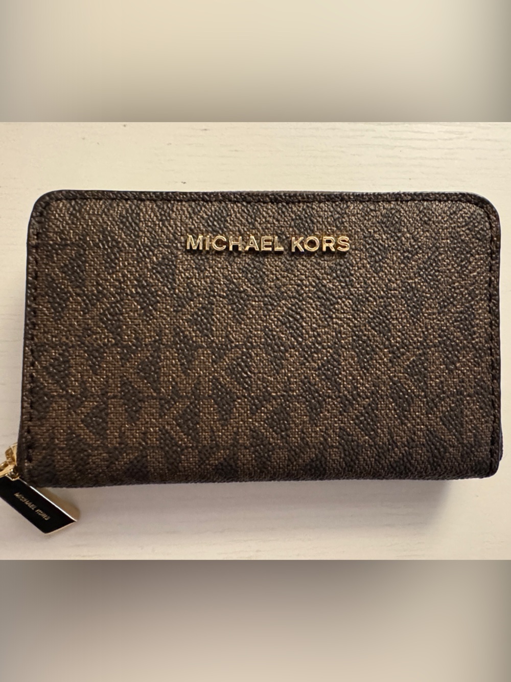 MICHAEL KORS Brown and Dark Brown Signature Zip Card Holder with Gold Hardware